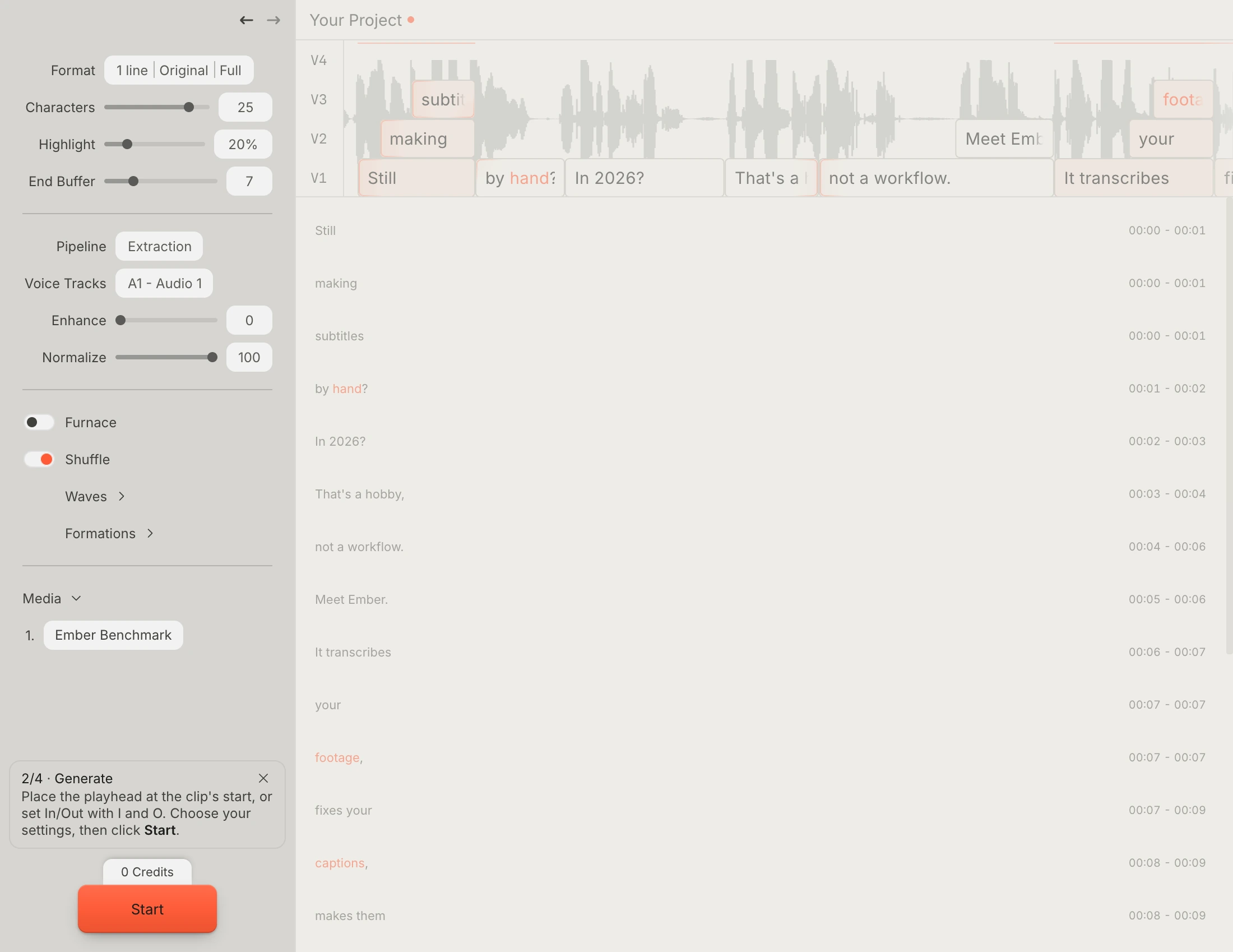 Ember generating word-timed subtitles from the active Resolve cut